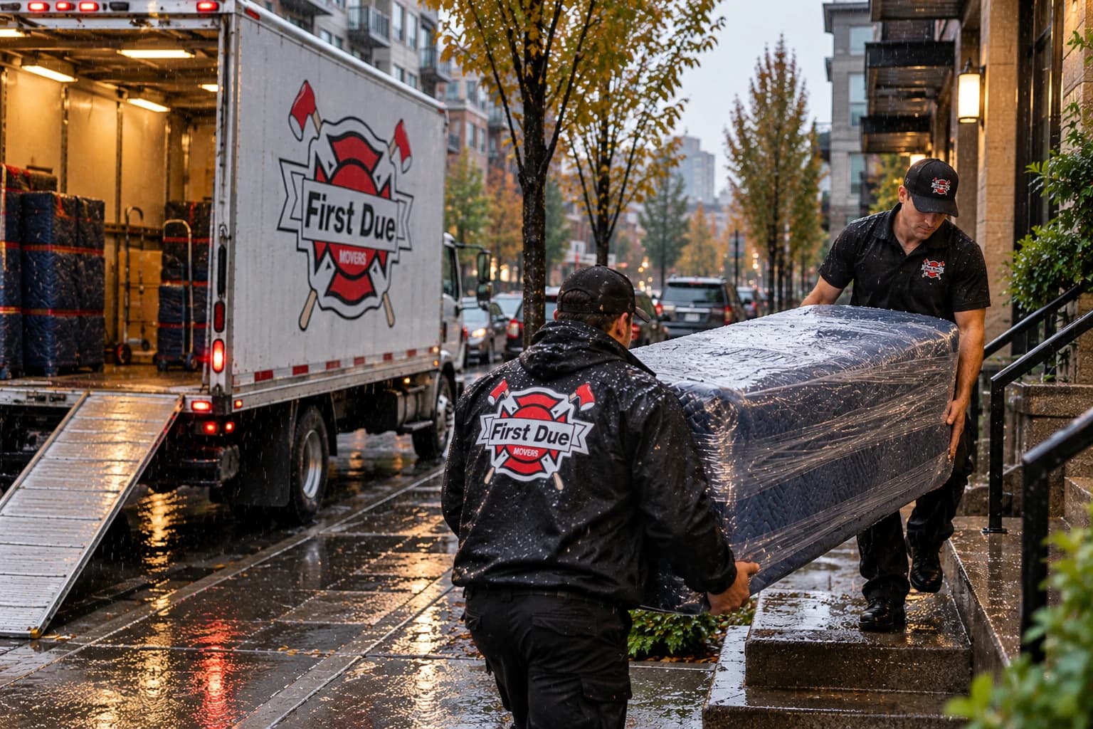 Two First Due Movers crew members carrying a blanket-wrapped, stretch-wrapped piece of furniture up wet front steps in the rain, with the open First Due moving truck parked on a Seattle street behind them