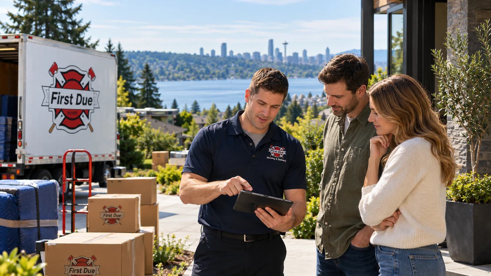 First Due Movers specialist reviewing a moving estimate on a tablet with a couple outside their home, with the moving truck and Seattle skyline in the background