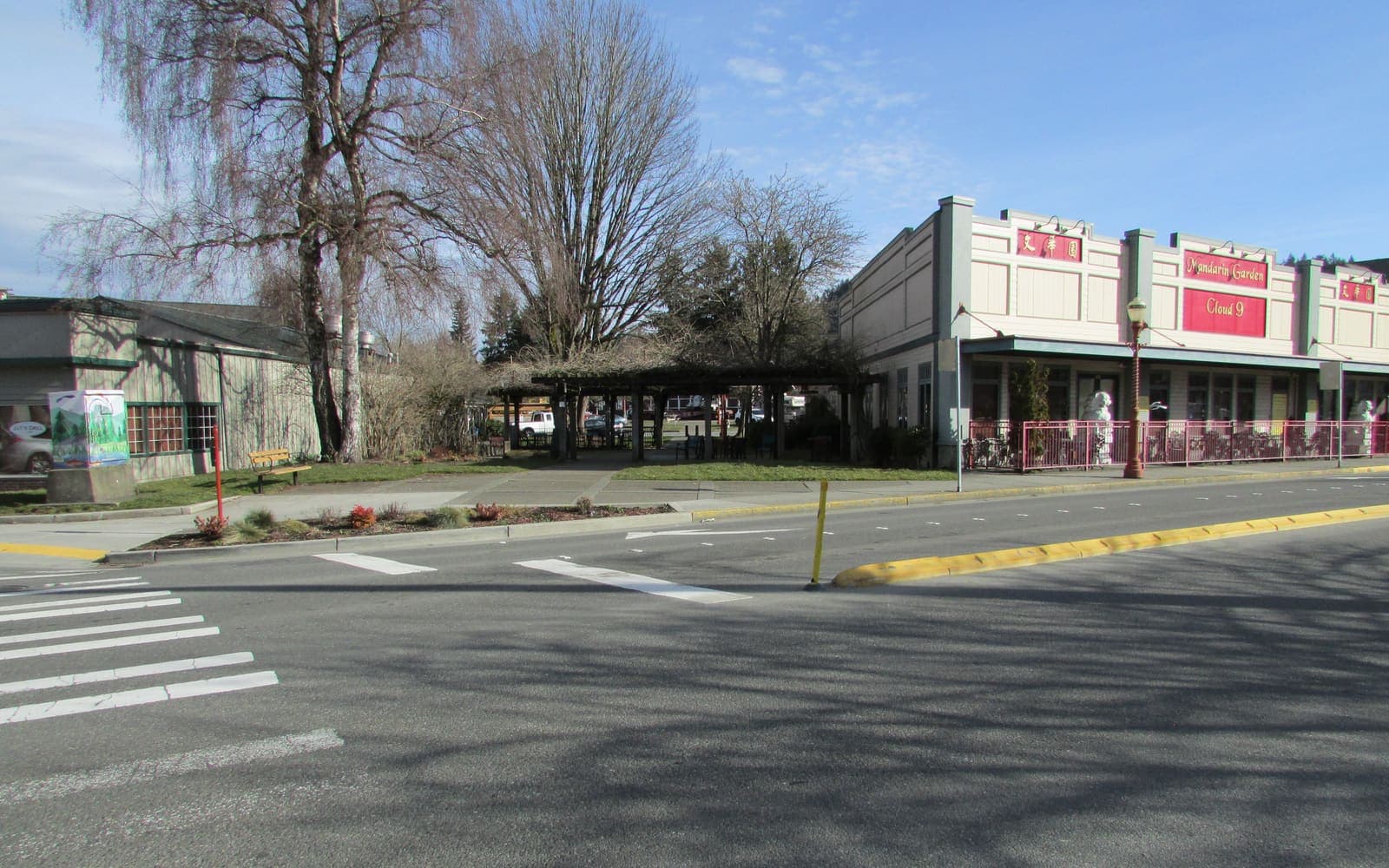 Historic Front Street storefronts in downtown Issaquah at sunset