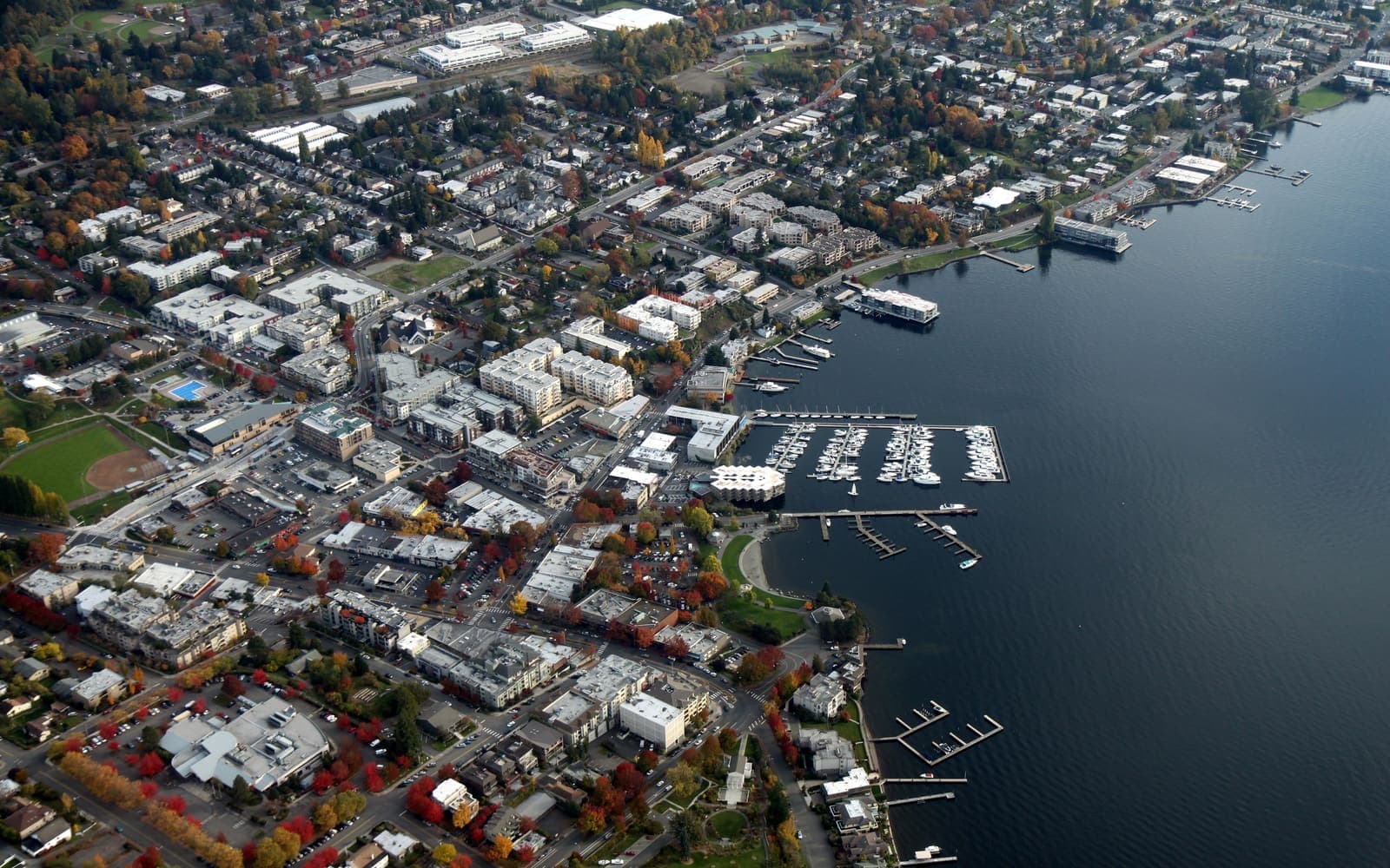 Aerial view of Kirkland, Washington along Lake Washington