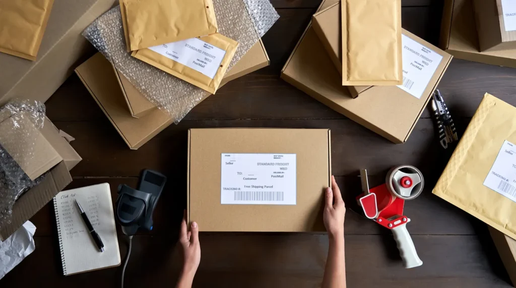 Female warehouse worker packing ecommerce shipping order box for dispatching